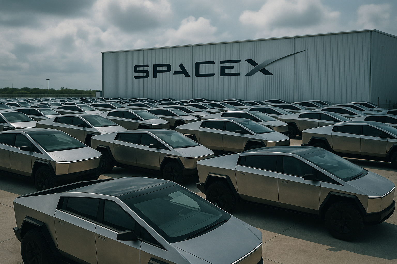 Picapes Tesla Cybertruck alinhadas em pátio da SpaceX no Texas, símbolo da crise de vendas da Tesla em 2025.