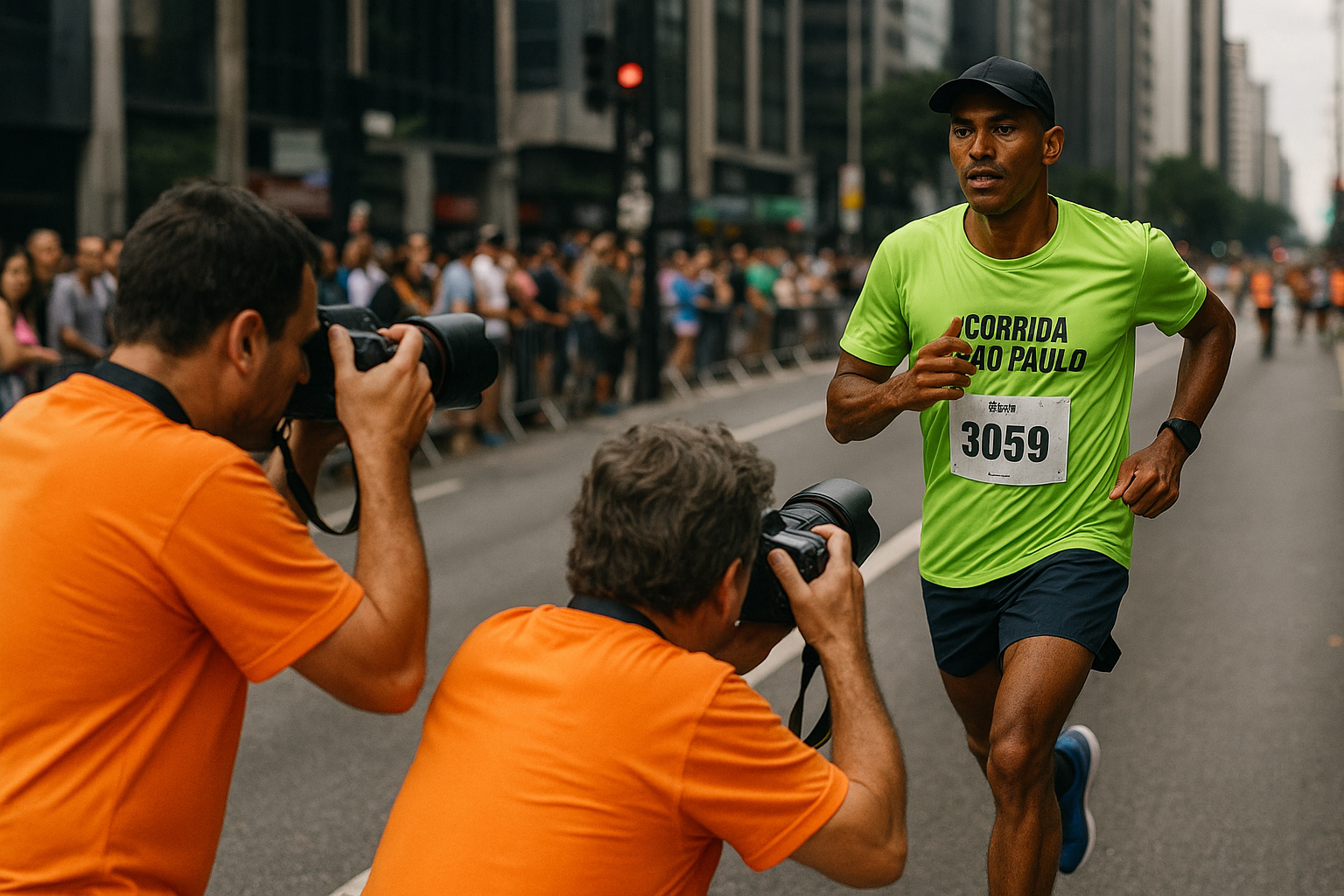 Fotógrafo clicando corredores em evento esportivo de rua no Brasil.