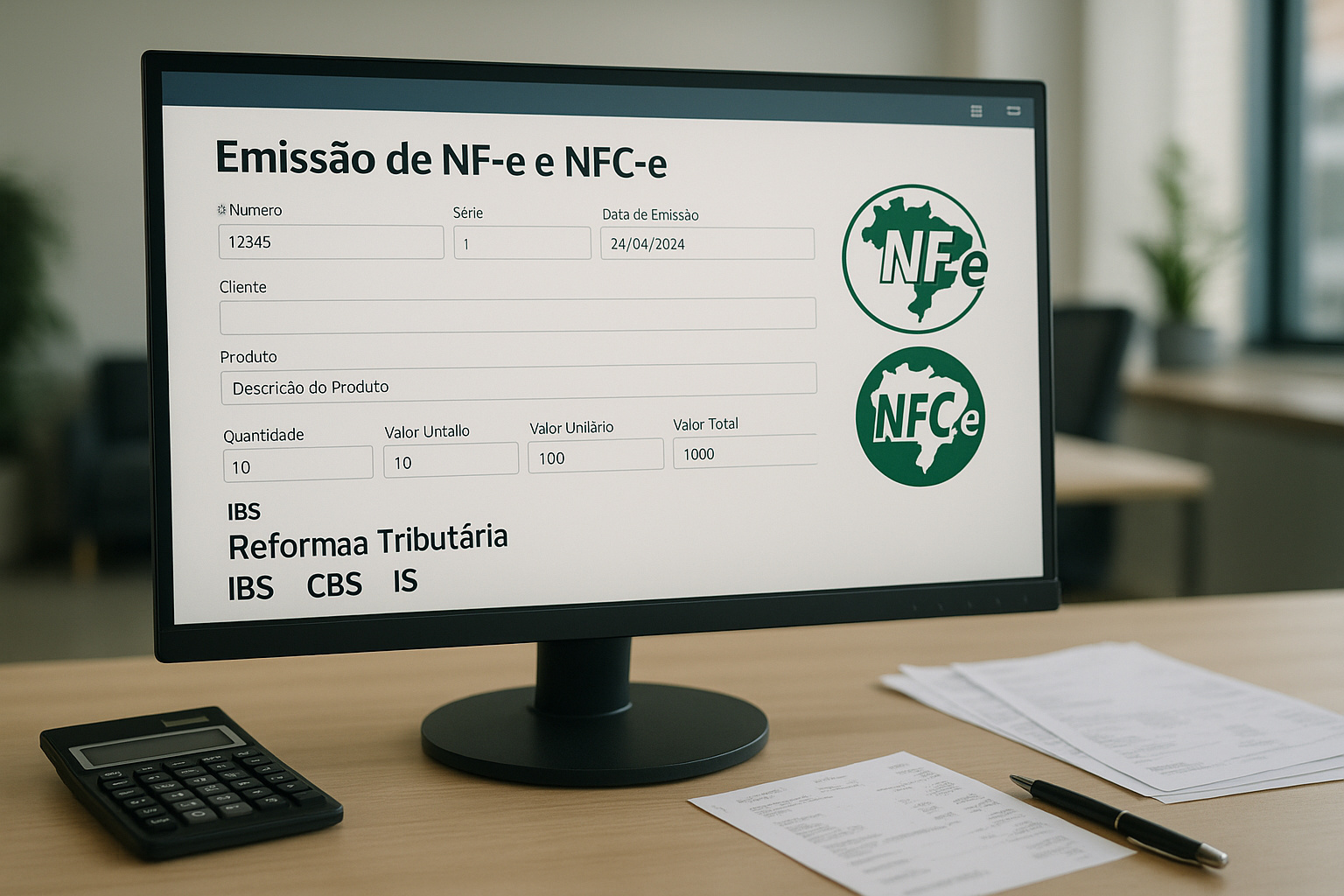 Emissão de NF-e e NFC-e com campos de IBS, CBS e IS em 2025, destacando mudanças da Reforma Tributária.