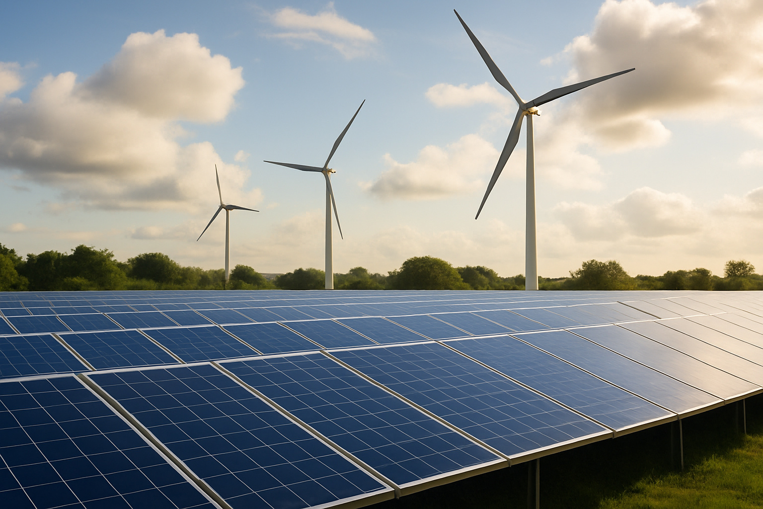 Painel solar e turbinas eólicas em operação sob céu claro, simbolizando o avanço global das energias renováveis e a transição energética sustentável.