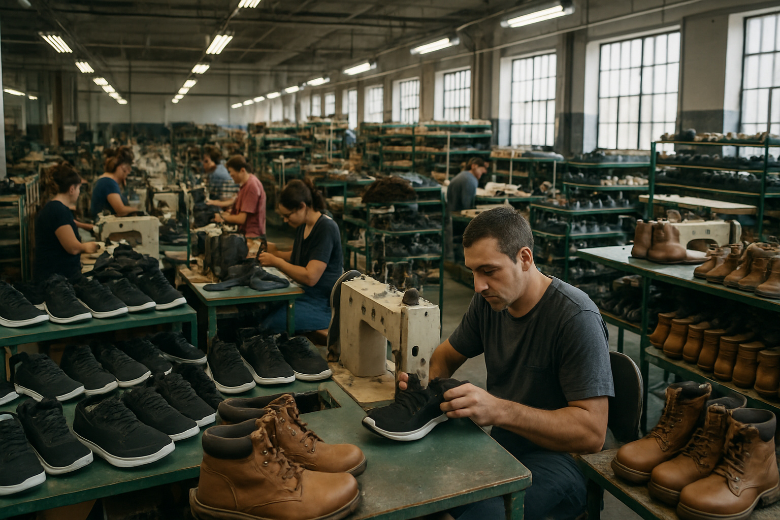 Funcionários desligam máquinas no último dia de produção de fábrica de calçados em Chapada, RS, em 10 de outubro.