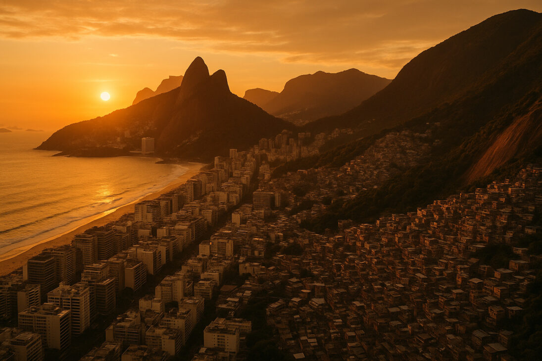 Contraste entre favelas y barrios de lujo en Río de Janeiro, destacando la Rocinha y el Leblon al atardecer.
