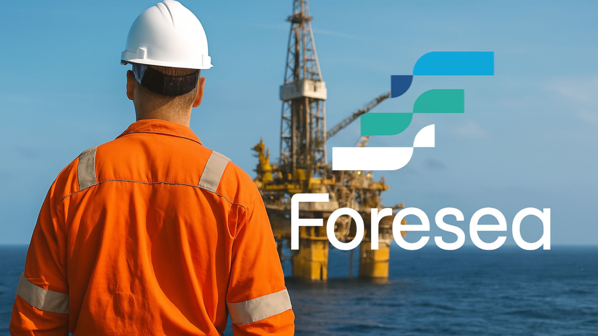 Trabalhador offshore de costas observando plataforma de perfuração no mar, com logotipo da Foresea ao lado.
