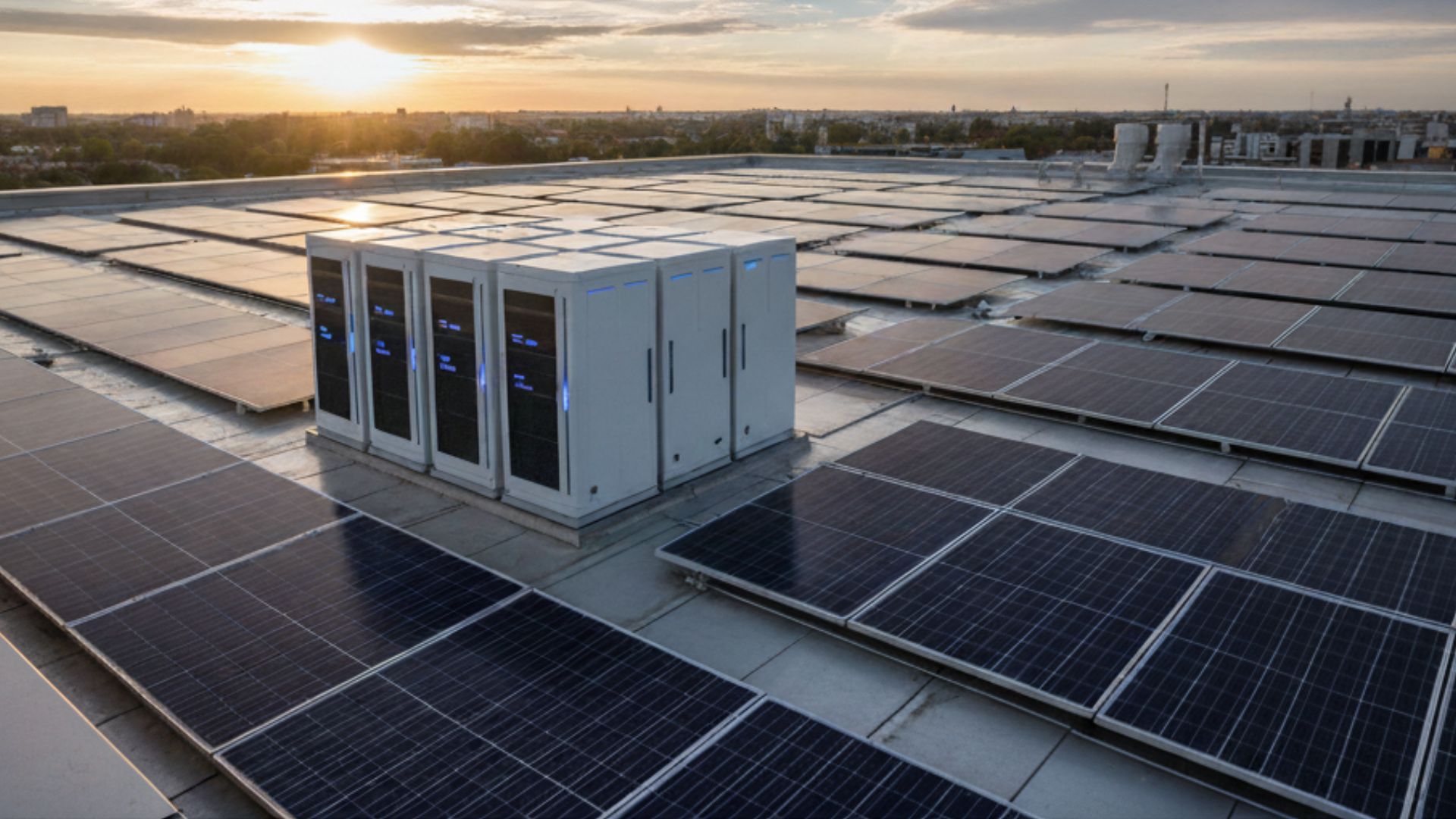 Instalação de painéis solares em telhado urbano com baterias e equipamentos elétricos para geração distribuída de energia limpa.