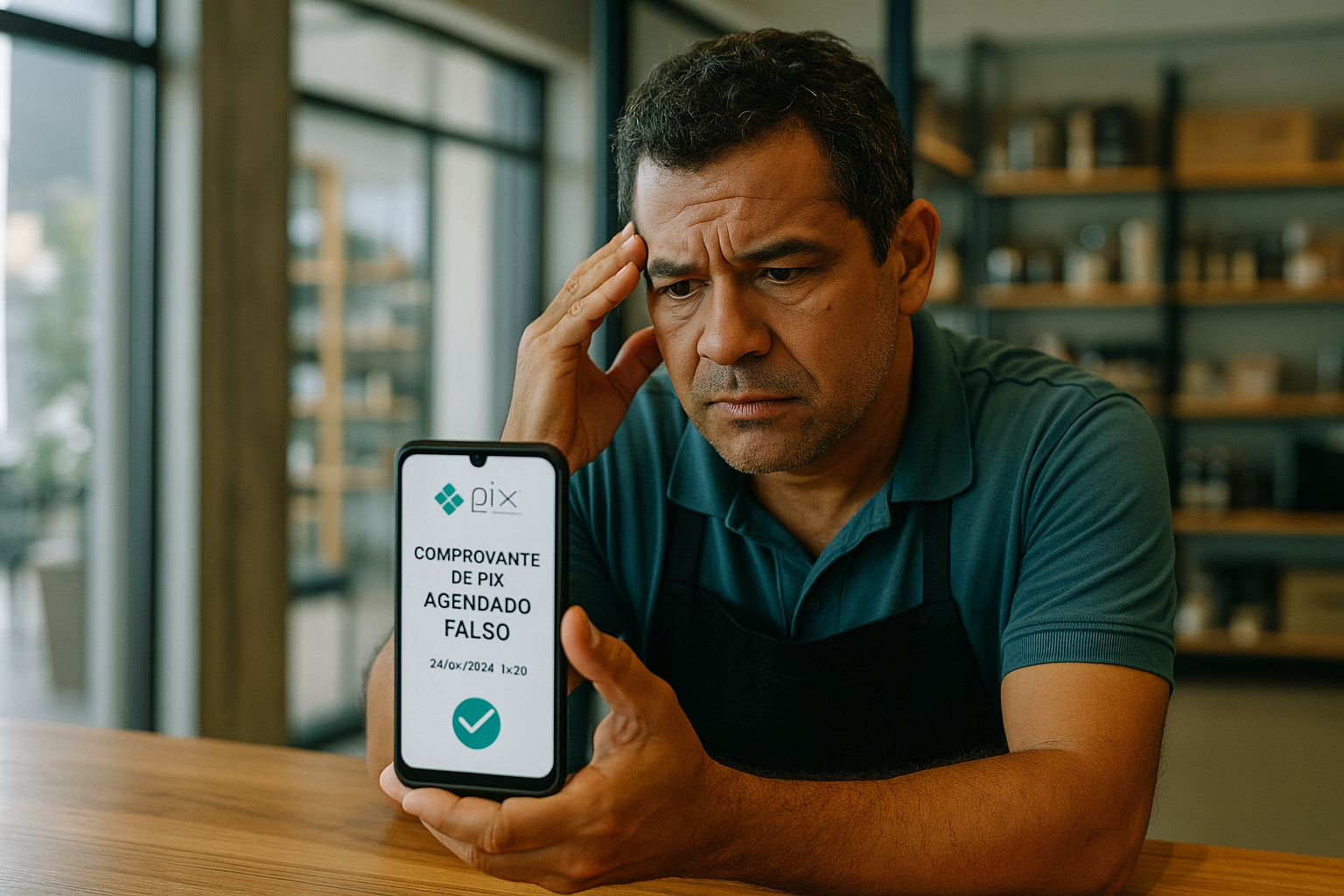 Comerciante preocupado analisa comprovante falso de Pix agendado em loja.