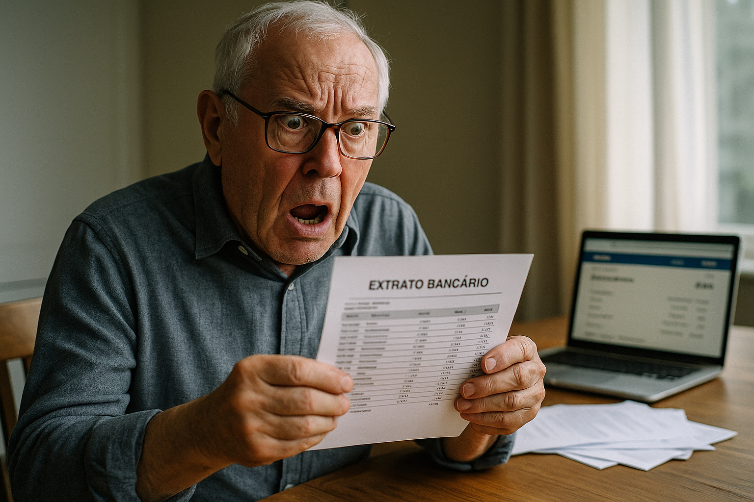Idoso assustado analisa extrato bancário após sumiço de R$ 500 mil da poupança.