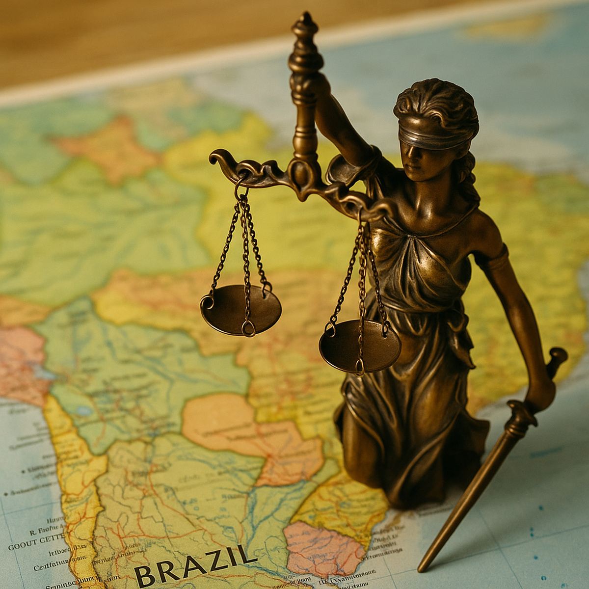 Estátua da Justiça sobre mapa do Brasil, simbolizando a Lei 5.709 e o controle das terras nacionais pelo capital estrangeiro.