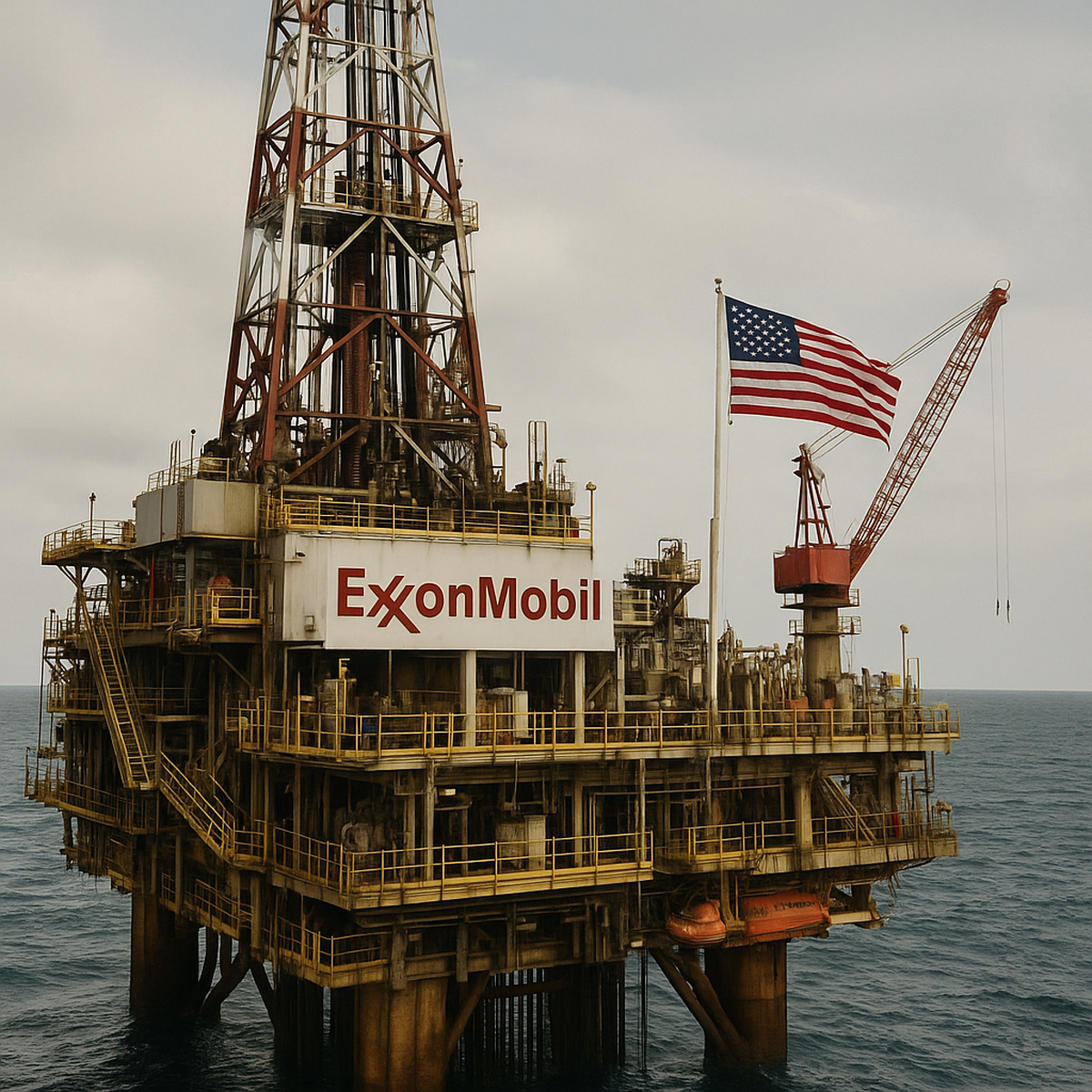 Plataforma de petróleo na Amazônia com bandeira dos Estados Unidos, simbolizando o domínio americano no leilão de blocos petrolíferos brasileiros em 2025.