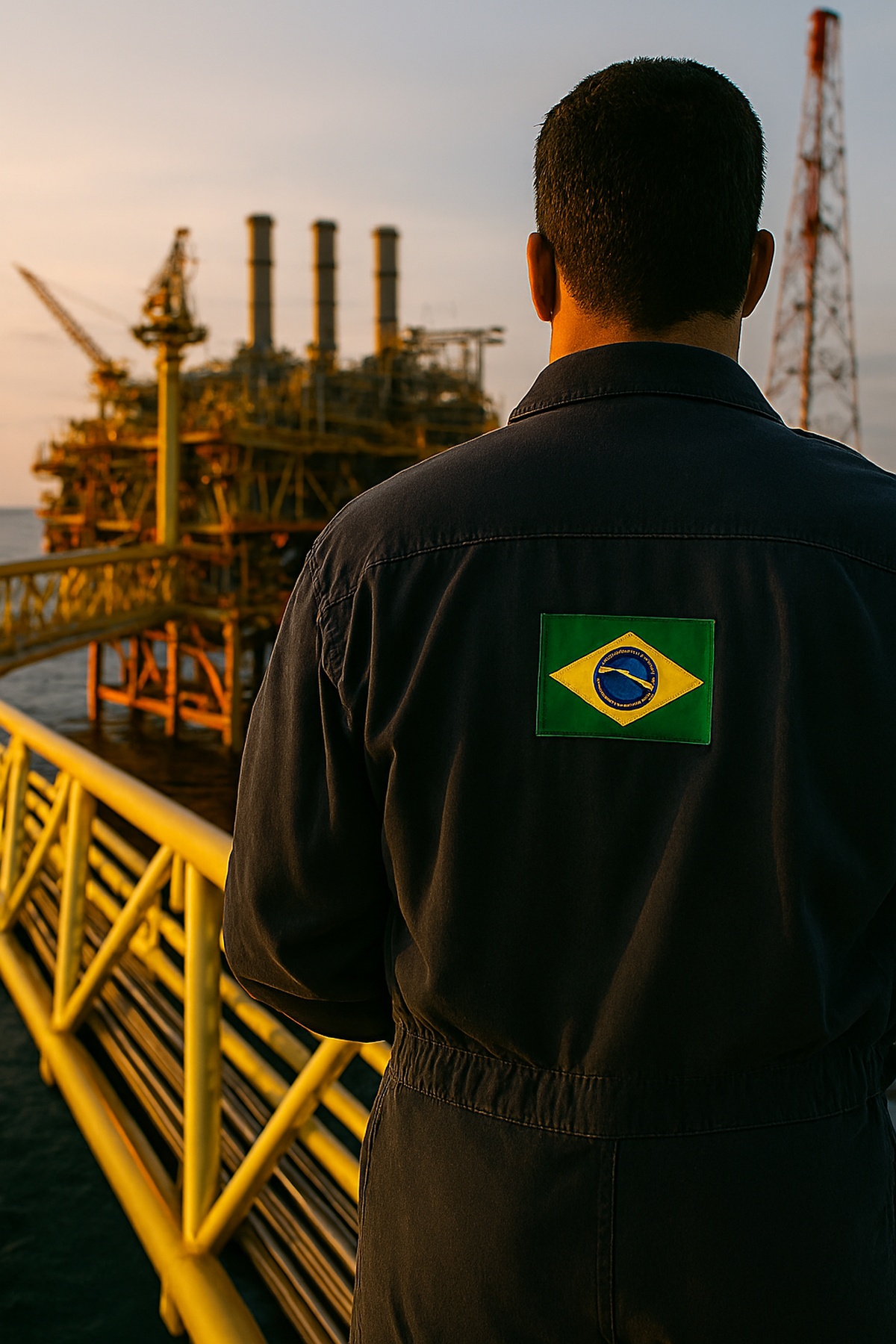 Engenheiro brasileiro observa plataforma de petróleo ao pôr do sol, simbolizando a descoberta de megacampo com 14 bilhões de barris na Coreia do Sul.