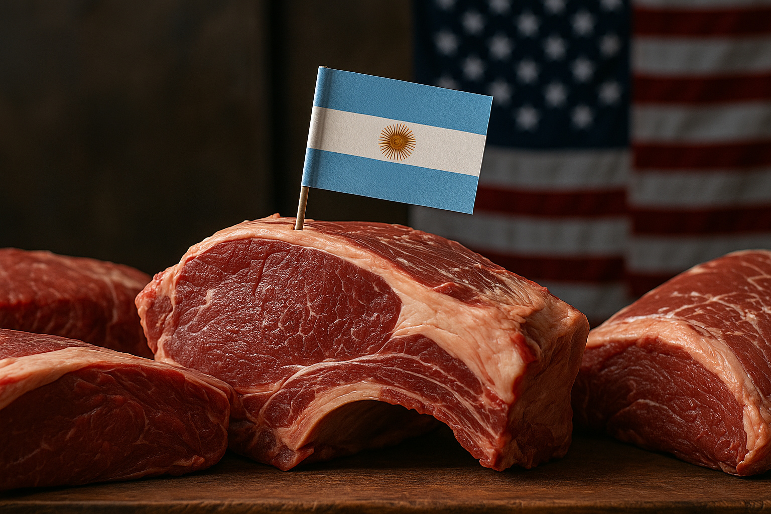Corte de carne bovina argentina com bandeira do país sobre mesa de madeira, tendo ao fundo a bandeira dos Estados Unidos desfocada.