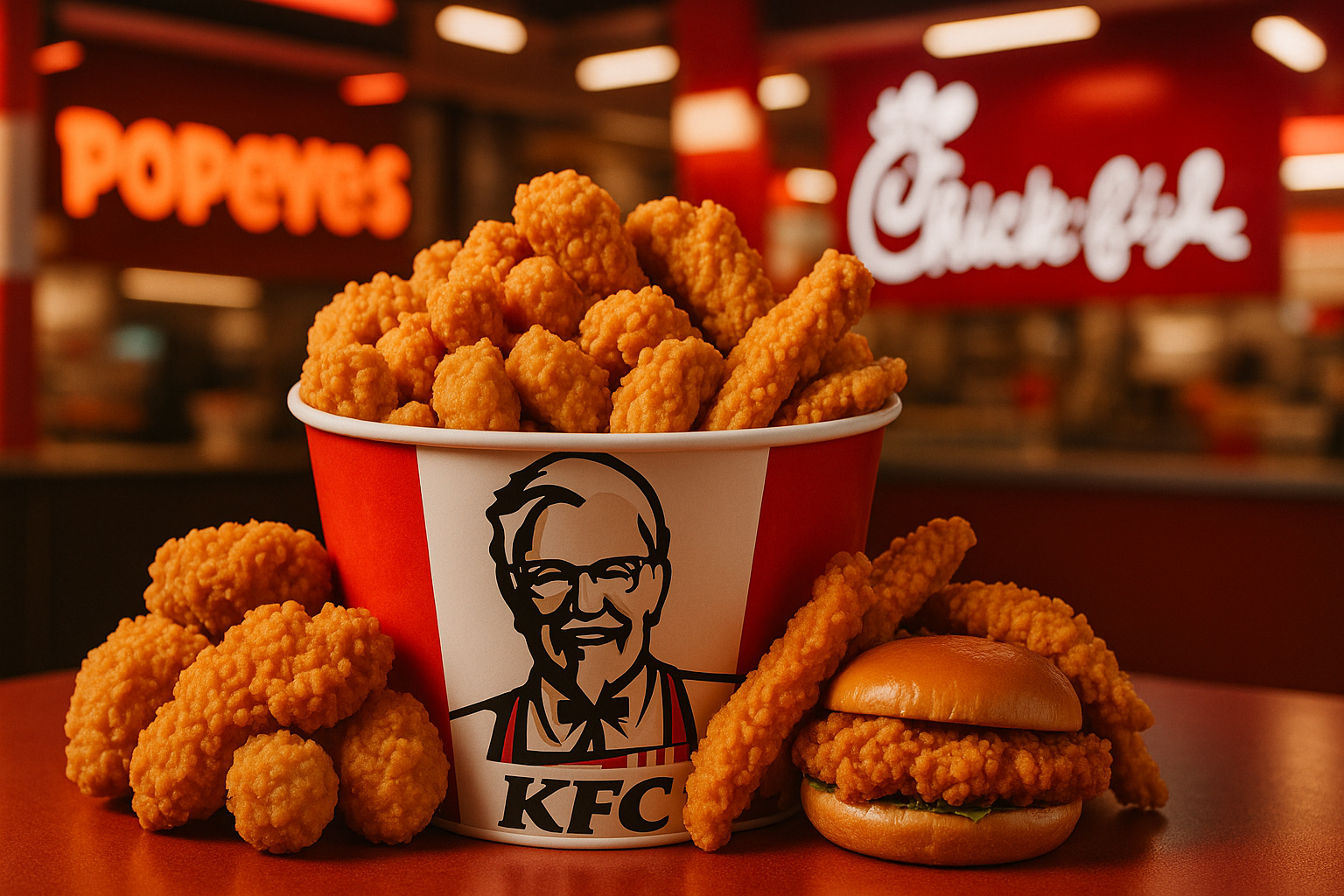 KFC apresenta novos baldes com frango sem osso e sanduíches em tentativa de recuperar terreno na guerra do frango frito.