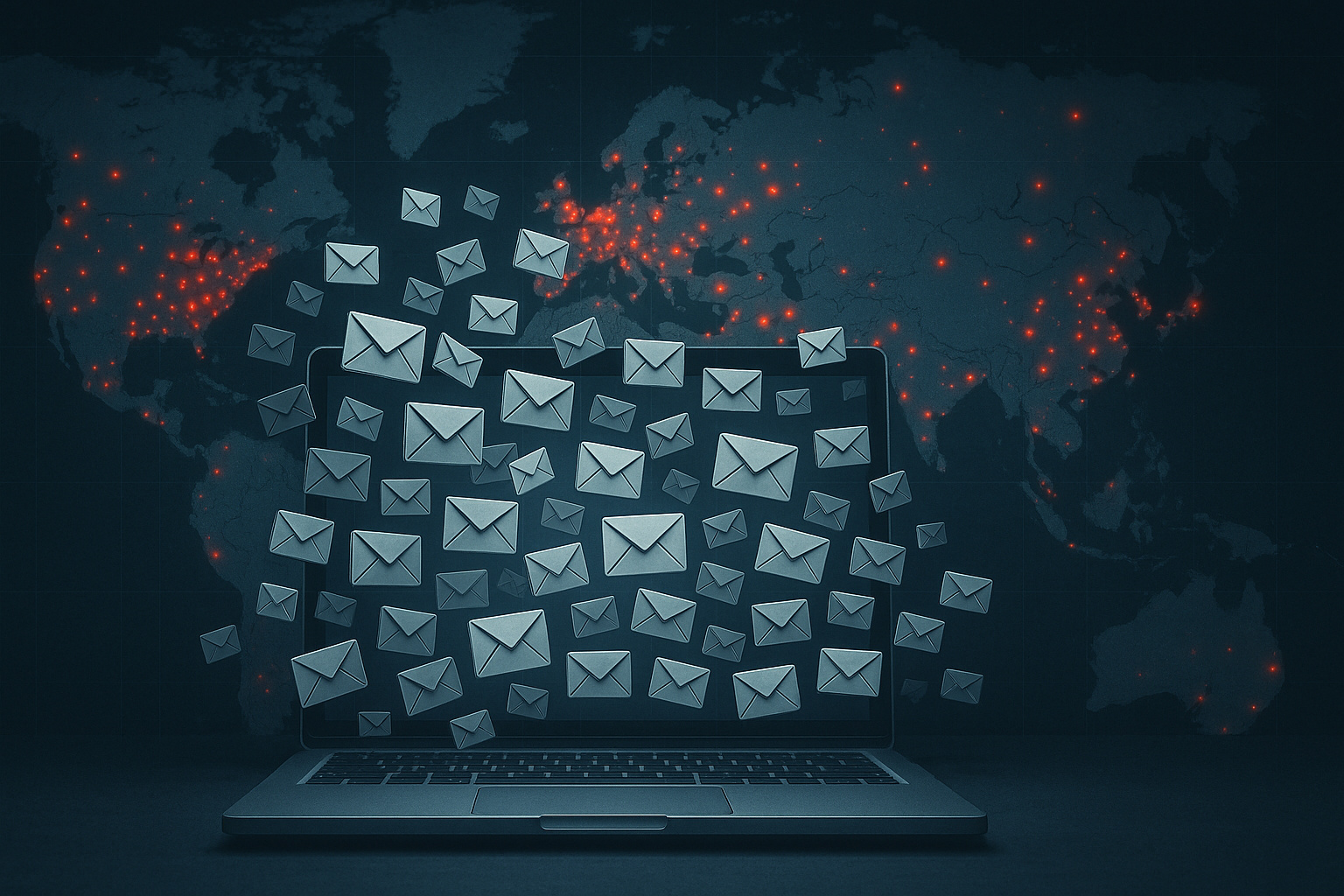 Ilustração editorial com ícones de e-mails flutuando sobre mapa digital, simbolizando o vazamento de 183 milhões de contas.