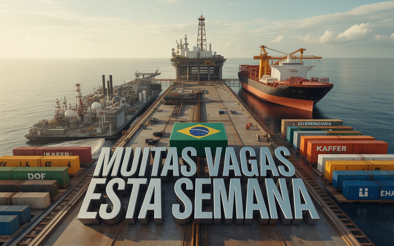 Cenário industrial brasileiro com plataforma offshore, estaleiro, refinaria e obras civis sob luz dourada, simbolizando muitas vagas abertas nesta semana.