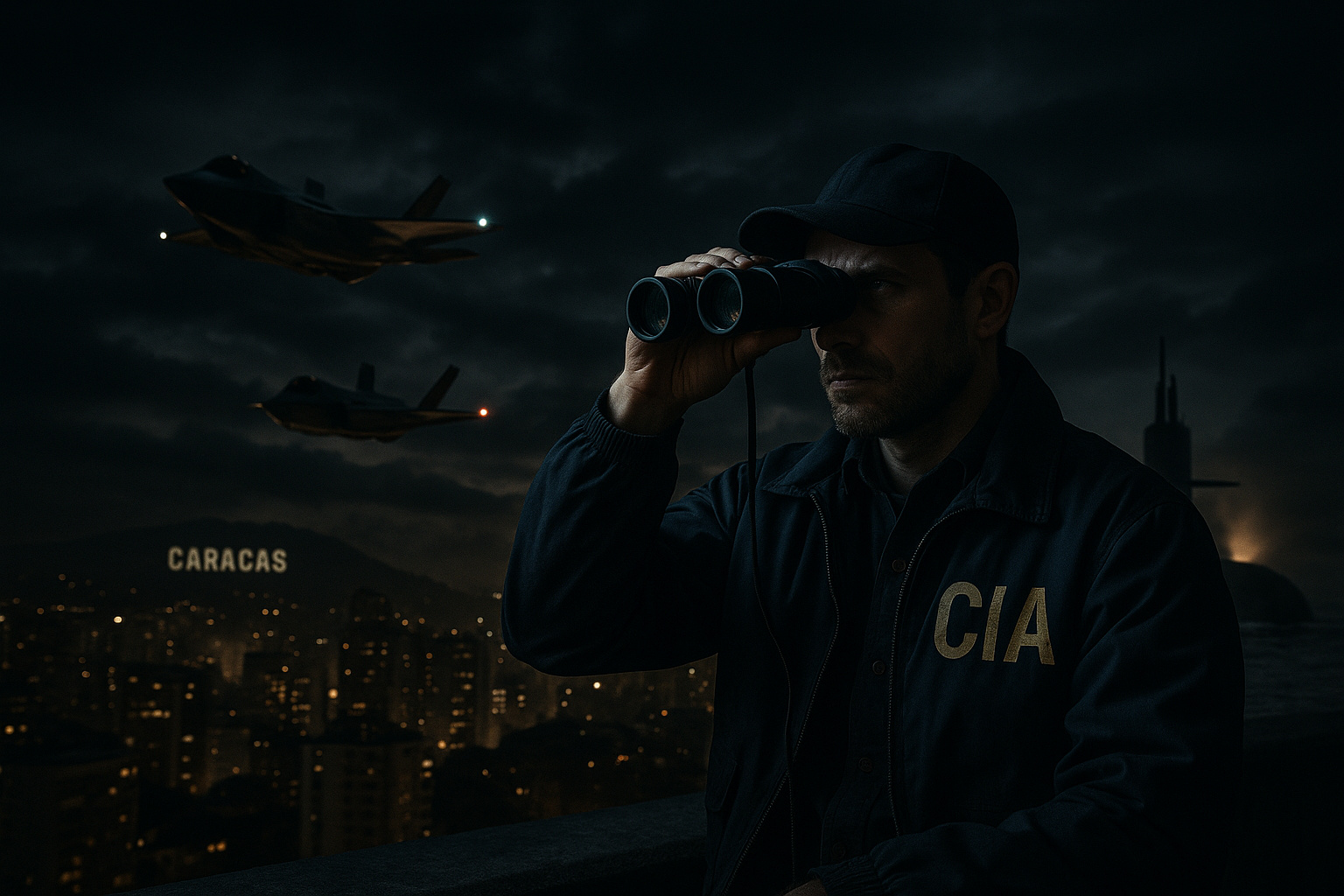 Cena realista da operação Círculo Final com agentes da CIA, caças F-35 e submarino próximo à costa venezuelana.