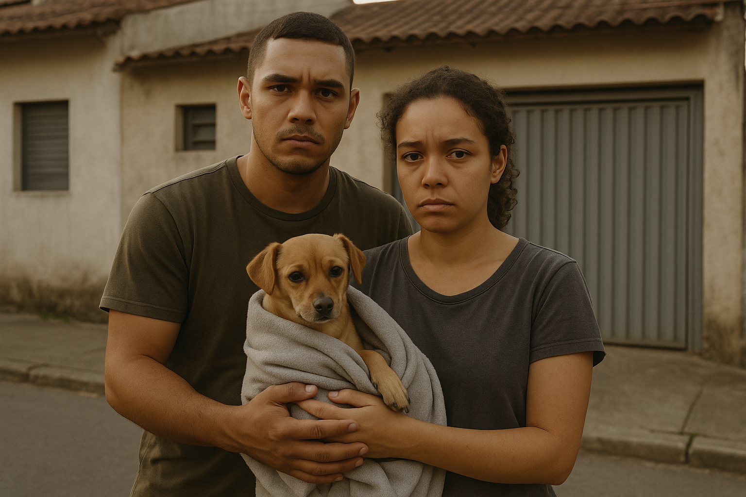 Casal segura cachorro enquanto oficial de justiça chega para penhora de bens, representando o debate sobre penhora de pets no Brasil.