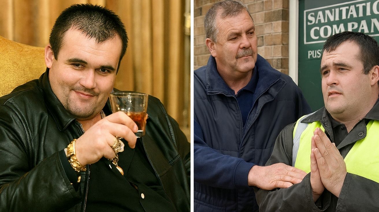 Montagem realista mostrando Michael Carroll, o ex-lixeiro britânico que ganhou £10 milhões na loteria, de um lado esbanjando dinheiro com luxo e extravagâncias, e do outro pedindo emprego de volta após perder toda a fortuna.