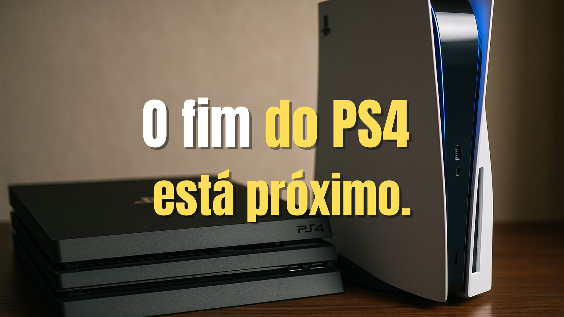 PlayStation 4 desligado e PlayStation 5 ligado representando a transição para a nova geração.