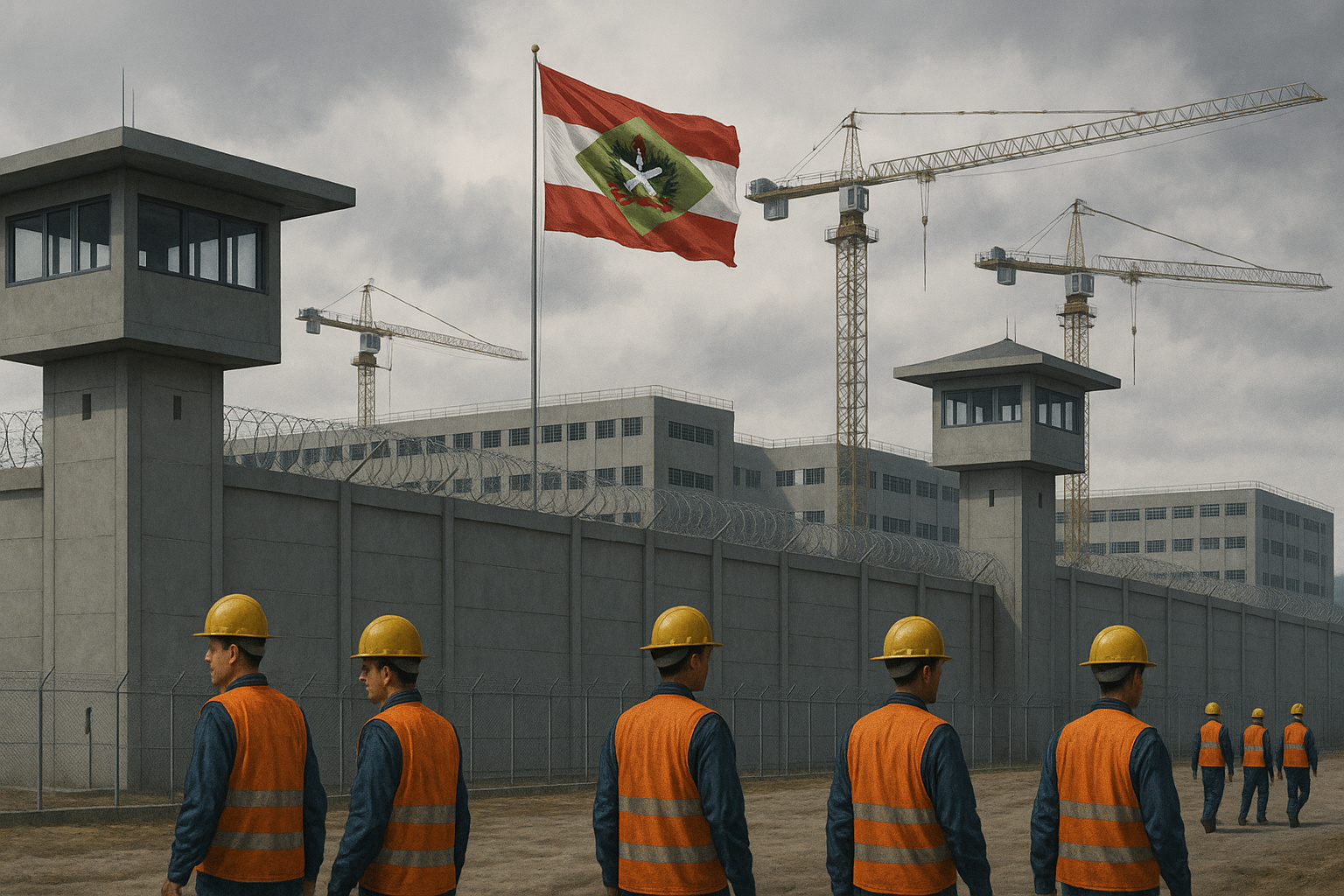 Construção de novos presídios de grande porte em Santa Catarina com torres de vigilância e guindastes ao fundo.