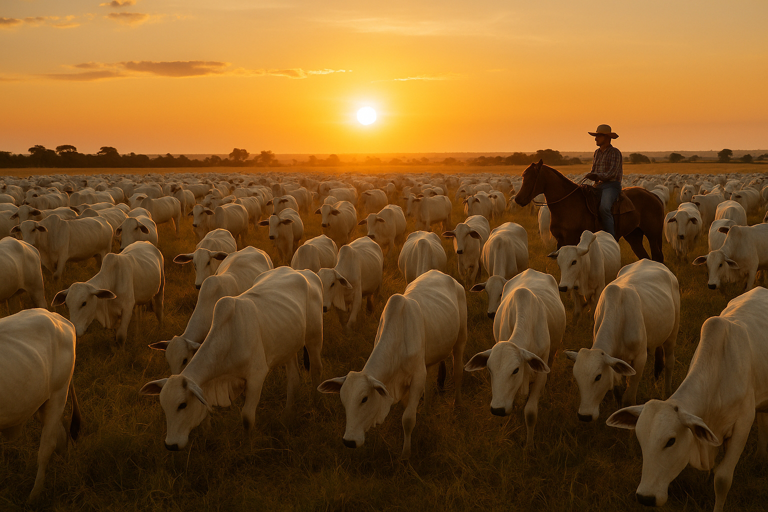 Rebanho de bois pastando no campo brasileiro durante o pôr do sol, representando o crescimento da pecuária nacional.