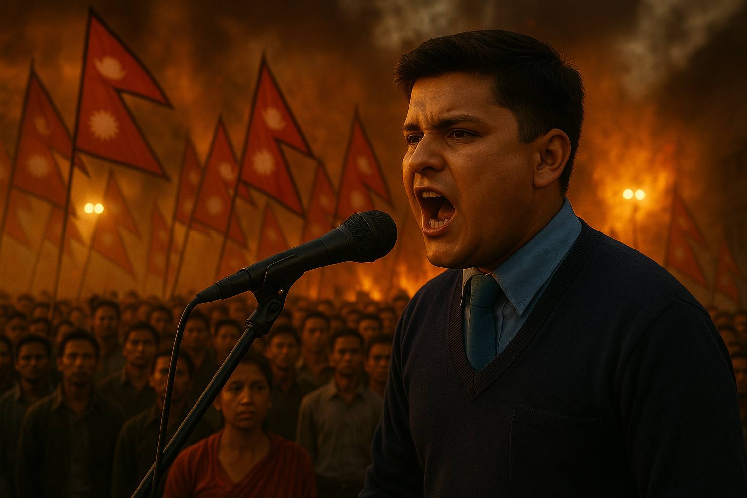 Jovem nepalês liderando protesto em Katmandu contra corrupção e censura, segurando microfone diante de multidão.