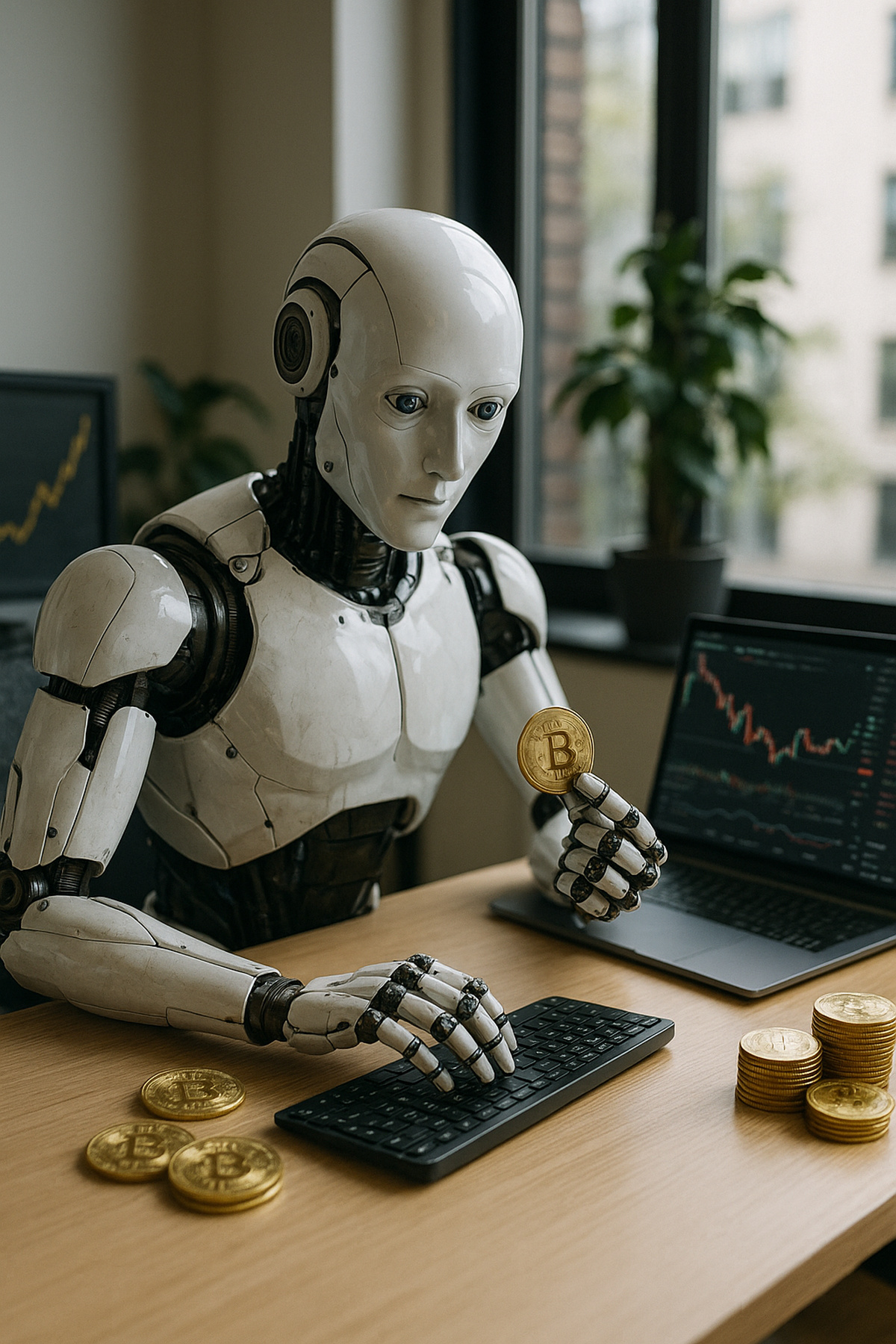 Robô de inteligência artificial segura moeda de bitcoin enquanto analisa gráficos de criptomoedas em um escritório moderno.
