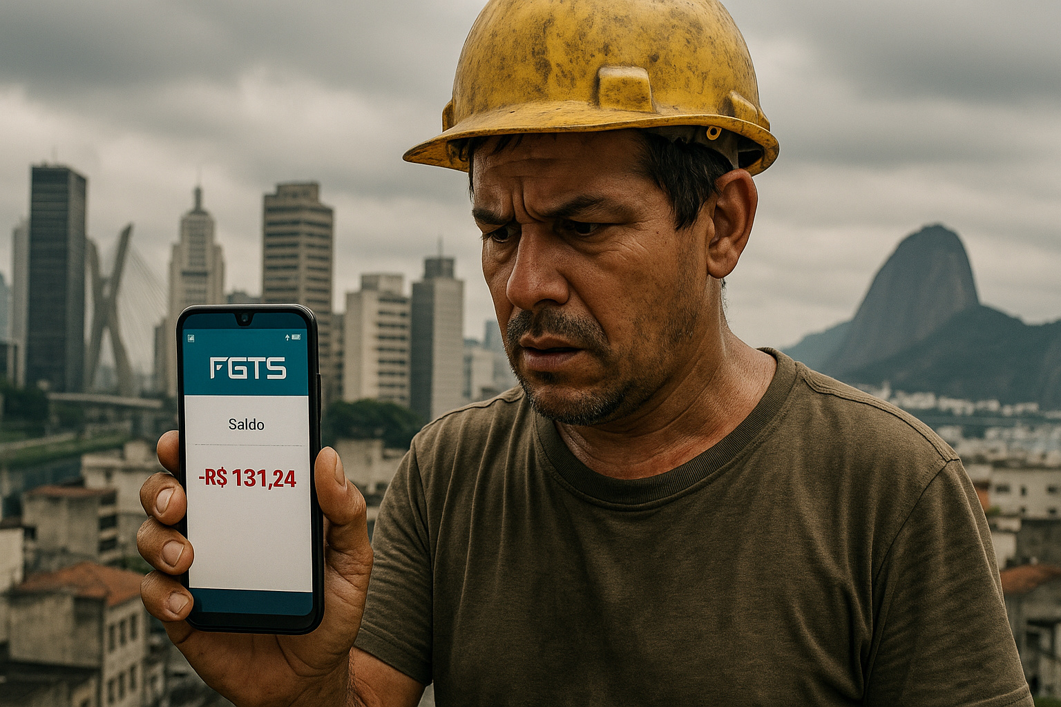 Trabalhador verifica saldo incorreto no aplicativo do FGTS, símbolo do rombo bilionário que afeta milhões de brasileiros.