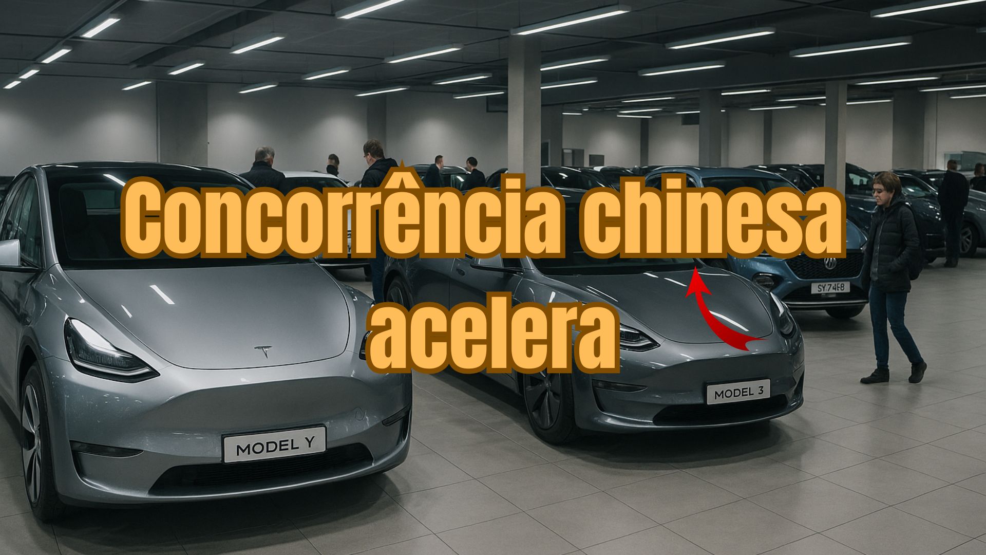 Tesla Model Y e Model 3 em showroom europeu, cercados por carros elétricos concorrentes de marcas chinesas.