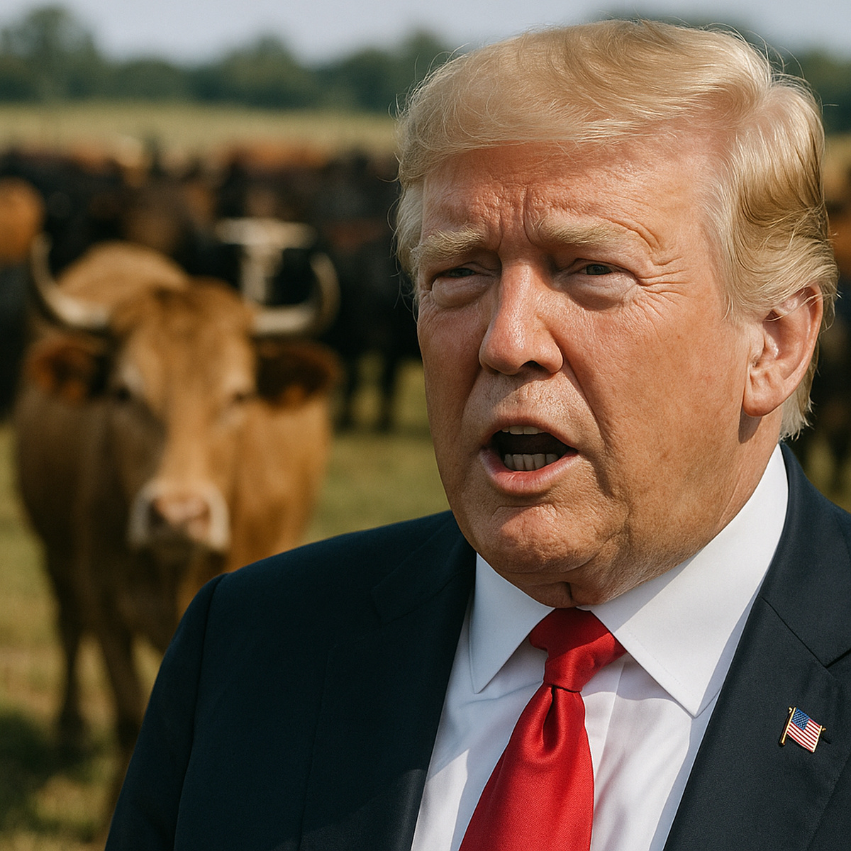 Donald Trump em cenário rural com gado ao fundo, simbolizando o tarifaço de 50% contra o Brasil e o impacto no setor bovino americano.