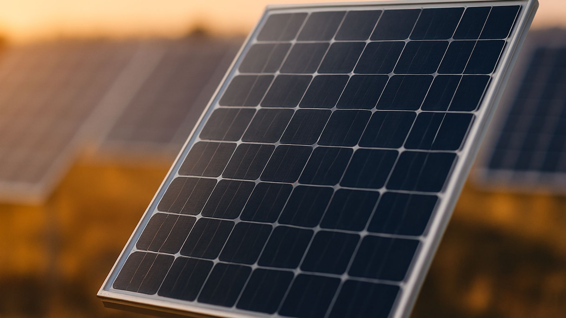 Painel solar em destaque com outros desfocados ao fundo, iluminado pela luz dourada do pôr do sol.