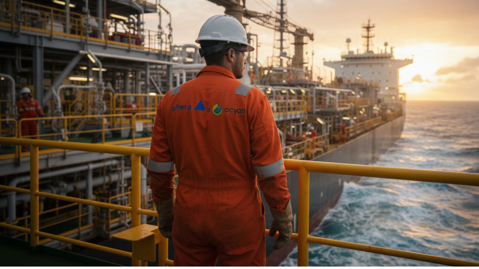 Trabalhador offshore em plataforma marítima ao pôr do sol, com uniforme de segurança laranja e logotipo da Altera&Ocyan visível nas costas.