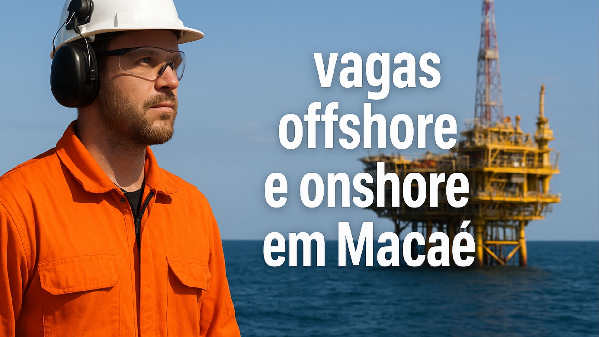 Homem com equipamentos de segurança em frente a uma plataforma de petróleo offshore em Macaé, representando oportunidades de trabalho nos setores offshore e onshore.