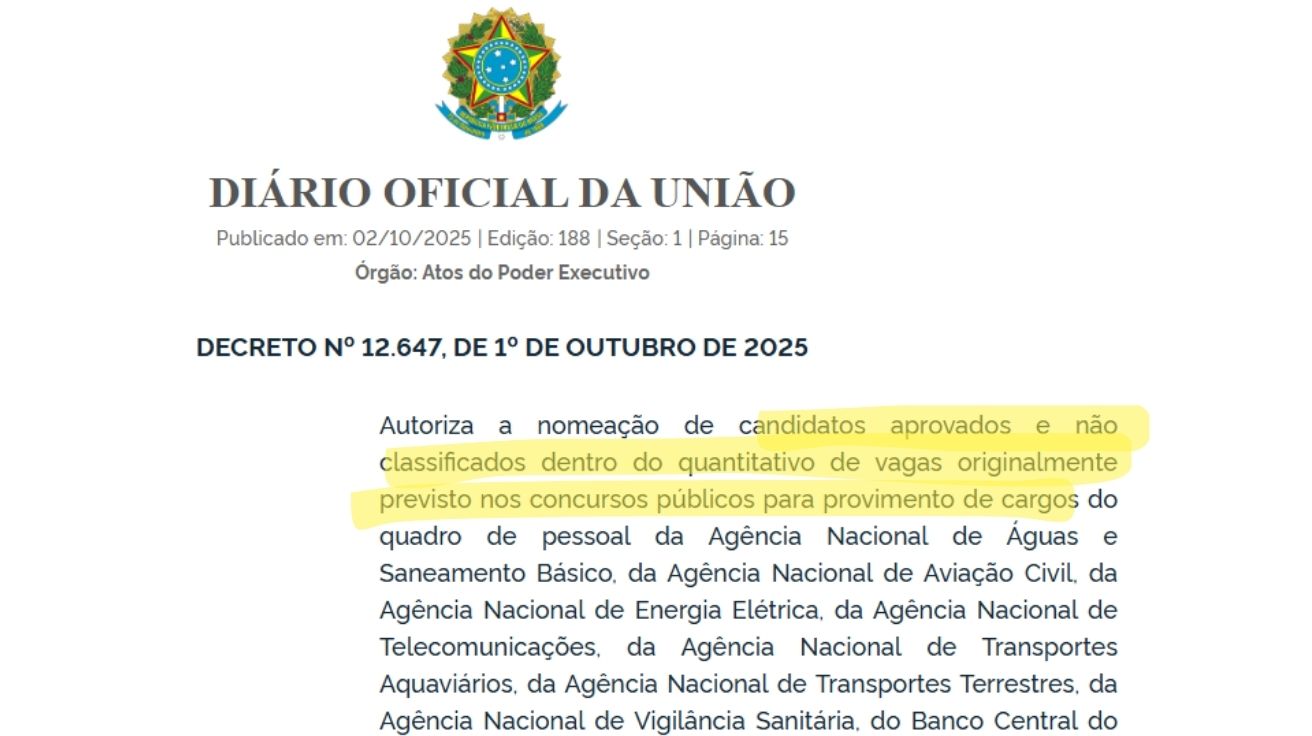 print da publicação no diario oficial da união onde mostra novo decreto autorizando convocação de aprovados fora das vagas originais em concursos publicos