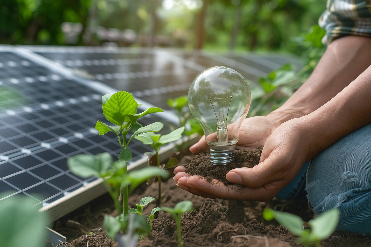 Pessoa segurando uma lâmpada apagada sobre o solo, com painéis solares e pequenas plantas ao fundo, representando energia sustentável.