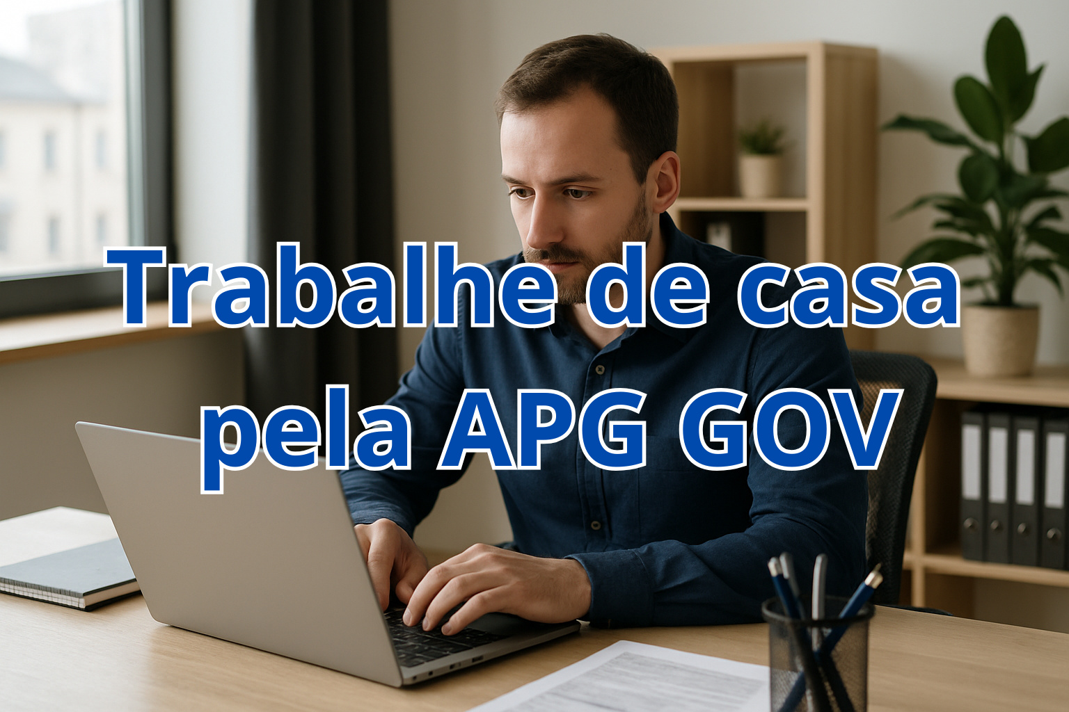 Profissional trabalhando em home office enquanto a imagem destaca a chamada “Trabalhe de casa pela APG GOV”, representando a vaga remota para Analista de DP.