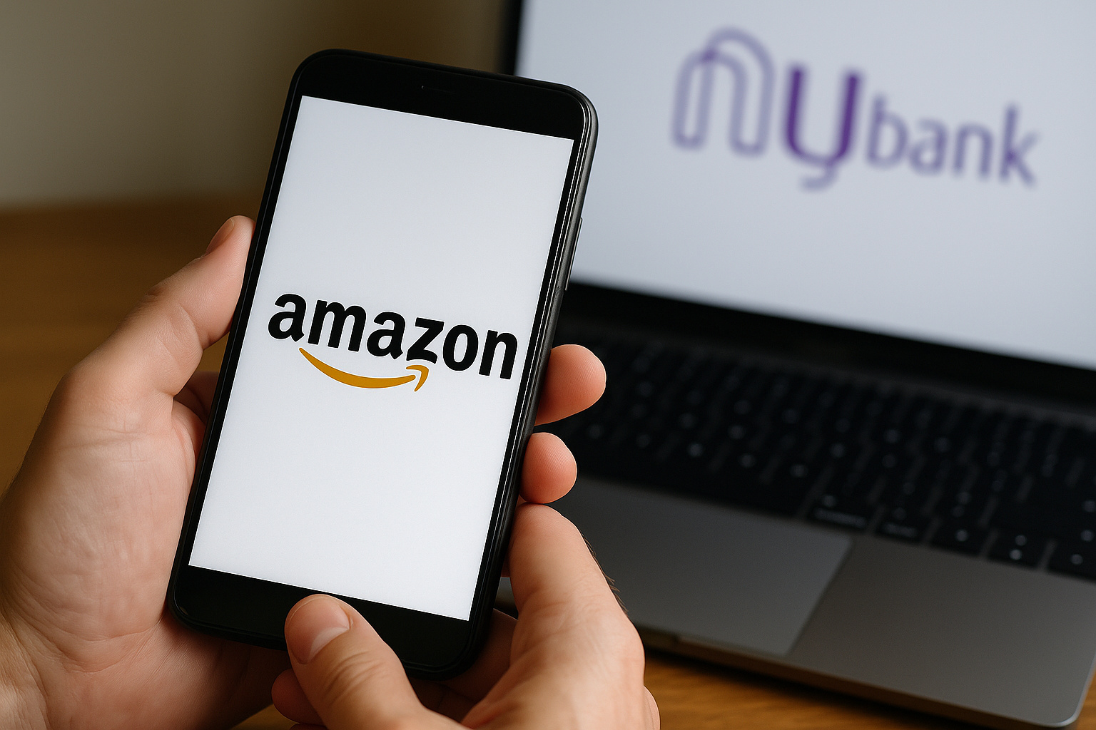 Smartphone exibindo o logotipo da Amazon ao lado de um notebook com o logotipo do Nubank, simbolizando a integração do NuPay ao e-commerce brasileiro.