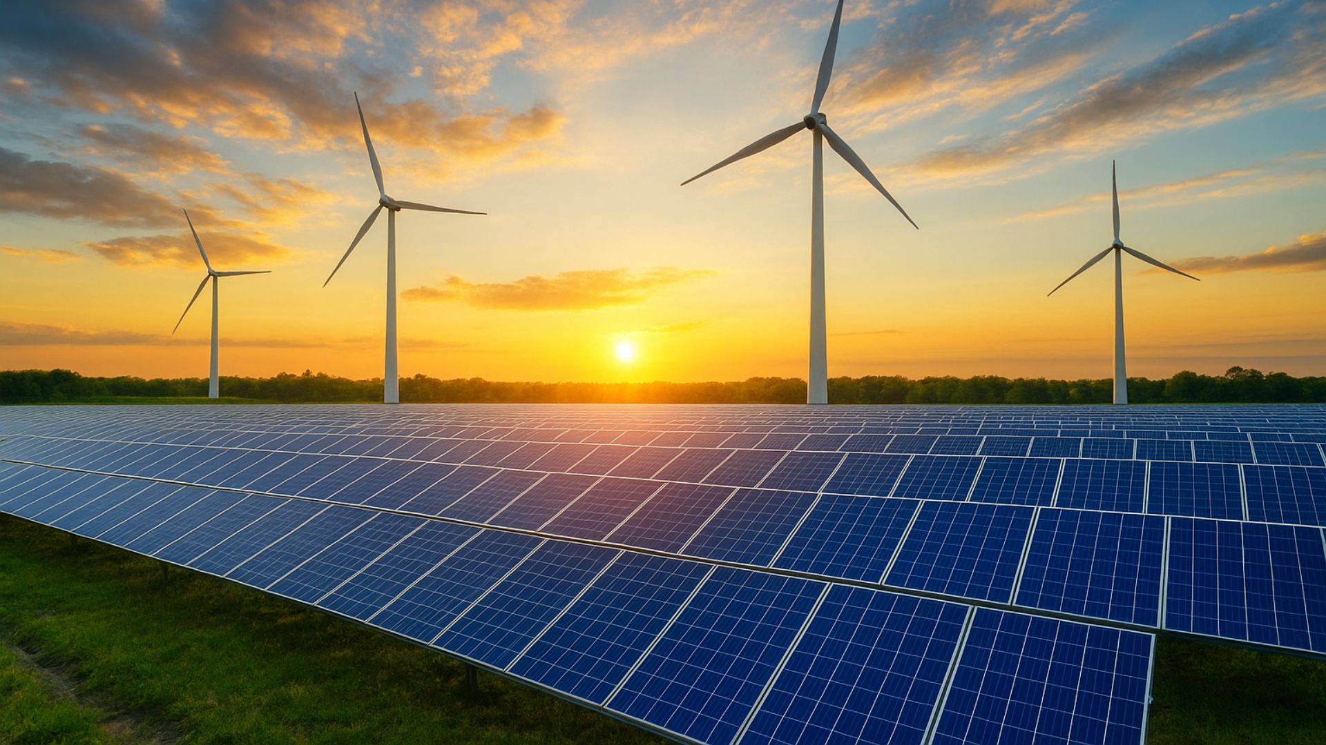 Parque de energia renovável com painéis solares e turbinas eólicas ao pôr do sol, representando geração limpa e sustentável
