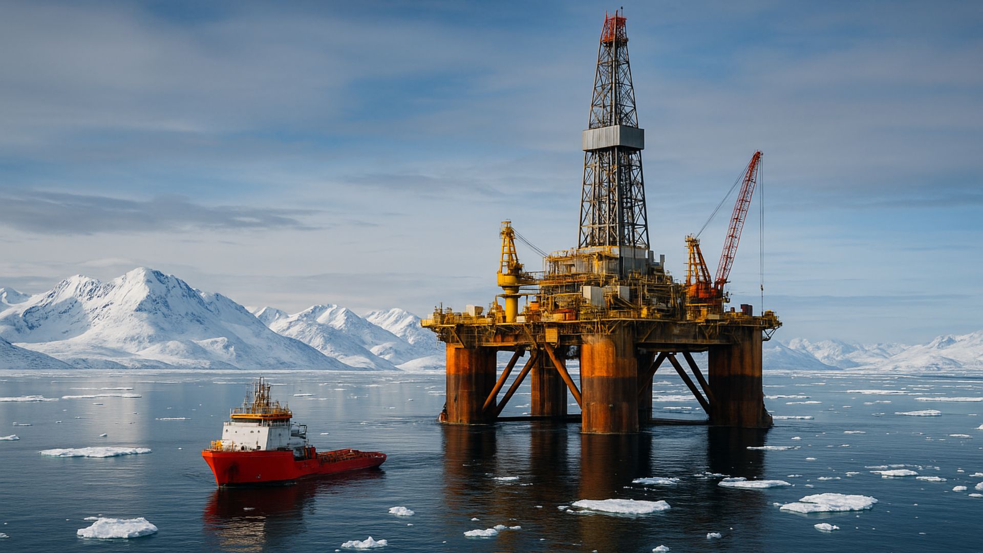 Plataforma de perfuração de petróleo no Ártico cercada por blocos de gelo, com navio de apoio navegando em águas geladas diante de montanhas cobertas de neve.