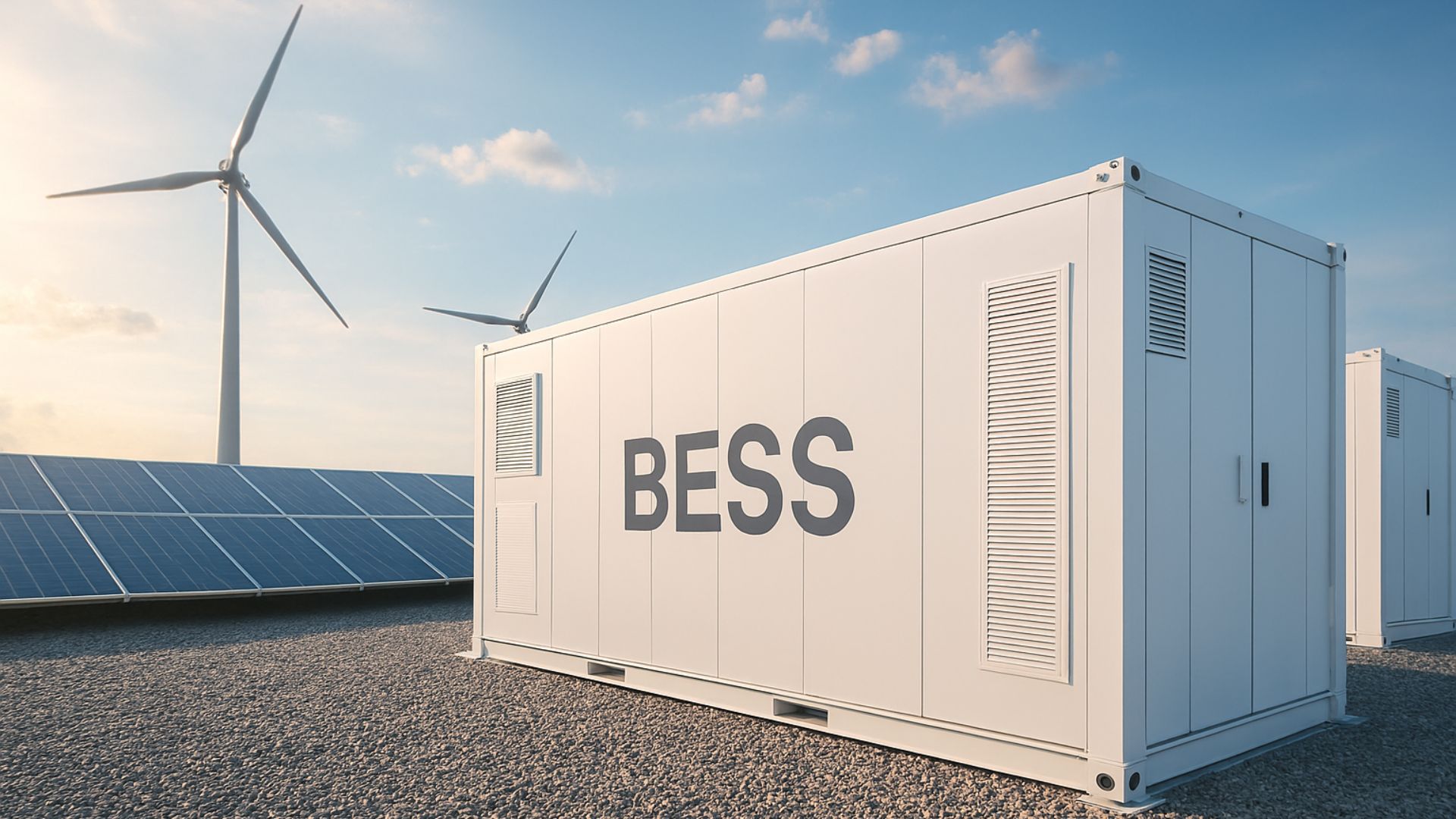 Imagem realista de sistemas de armazenamento de energia (BESS) em contêineres brancos, com painéis solares e turbinas eólicas ao fundo sob céu azul com nuvens dispersas