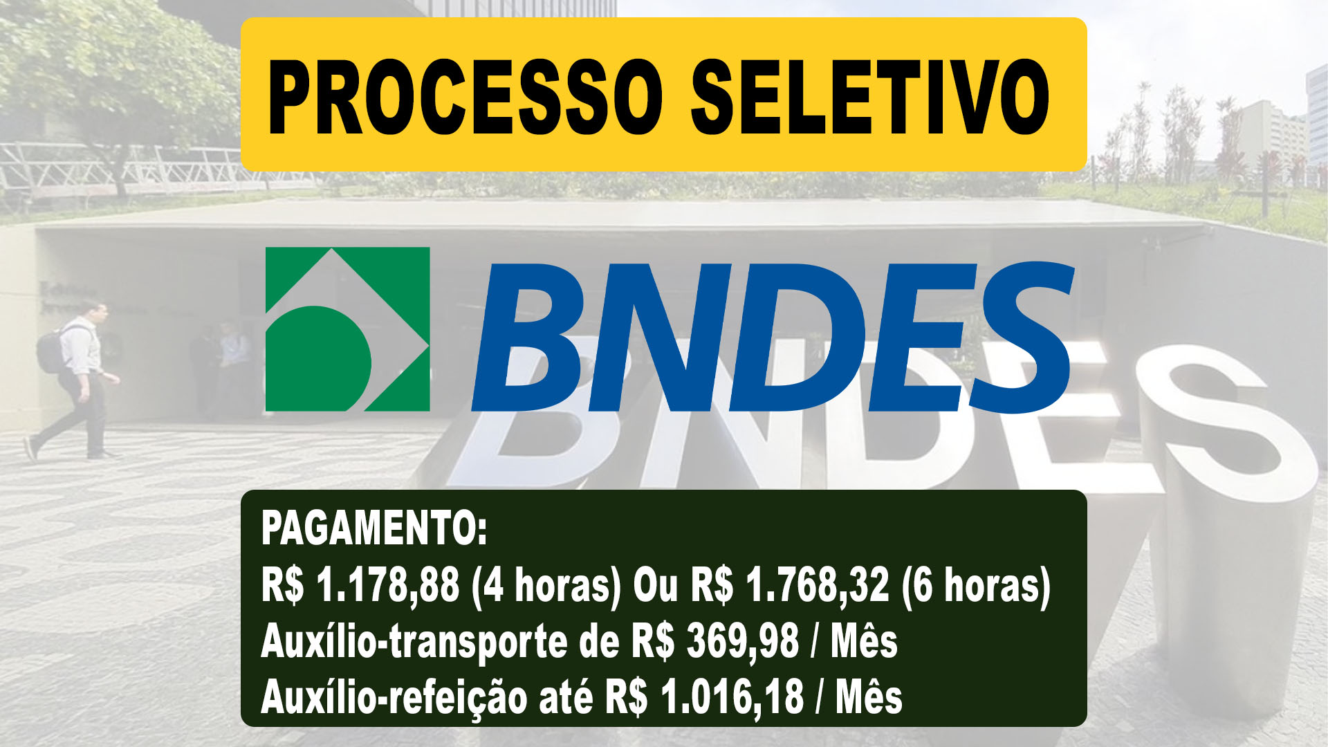 BNDES está recrutando pessoas sem experiência para seletivo com pagamento de até R$ 1.768 por mês + R$ 1.016,18 de vale alimentação e R$ 369,98 de Vale transporte