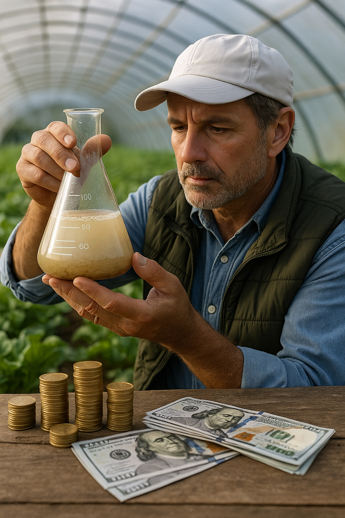Pesquisador analisa bioinsumo em estufa agrícola com pilhas de moedas simbolizando o investimento de R$ 60 milhões do BNDES na agricultura familiar sustentável.