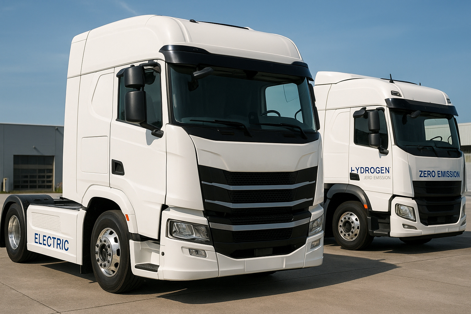 Caminhões modernos de emissão zero movidos a eletricidade e hidrogênio, alinhados em pátio industrial durante testes de tecnologia limpa no transporte pesado.