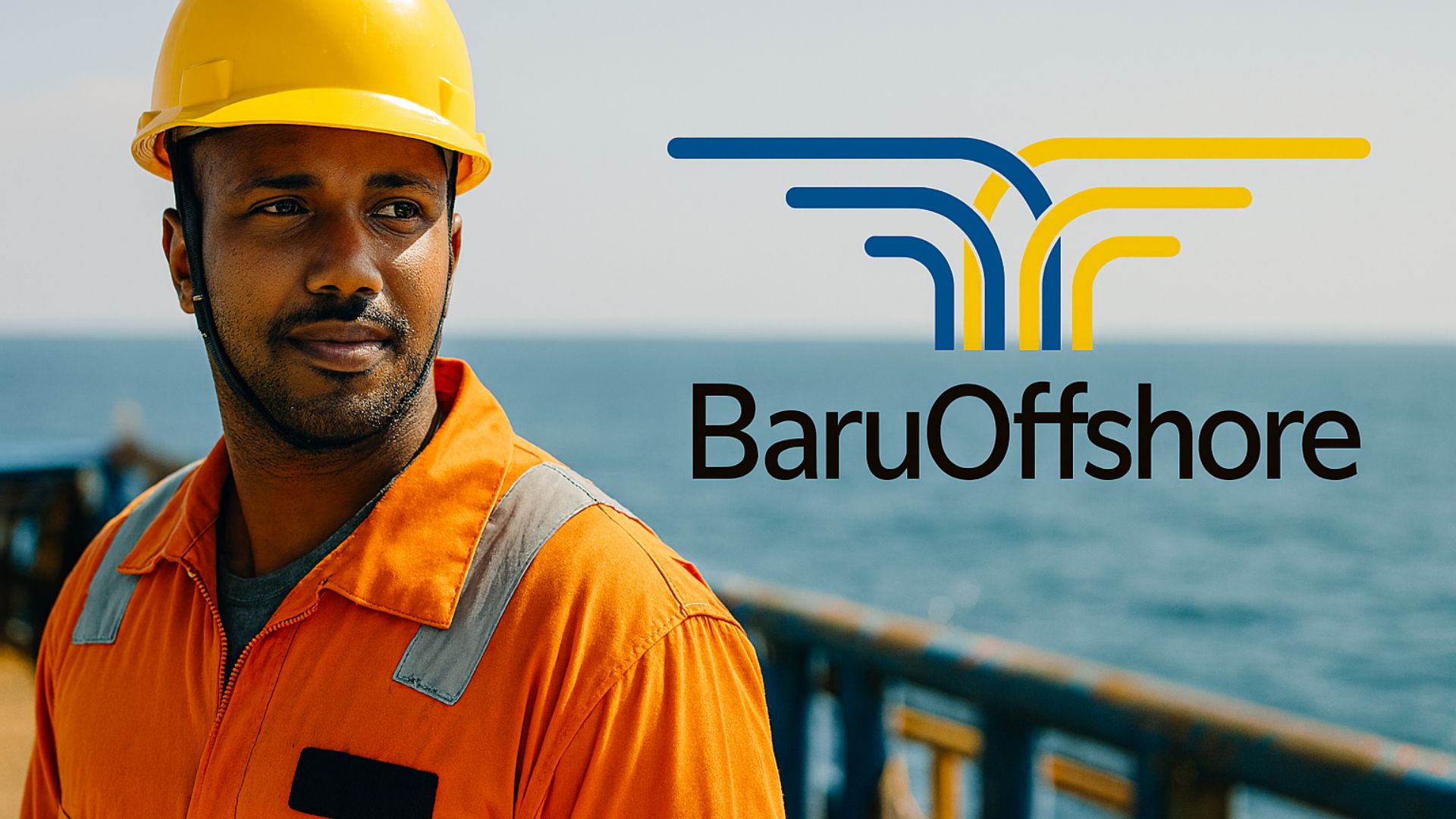 Trabalhador offshore com uniforme laranja e capacete amarelo em embarcação marítima, com o logotipo da BaruOffshore ao lado.