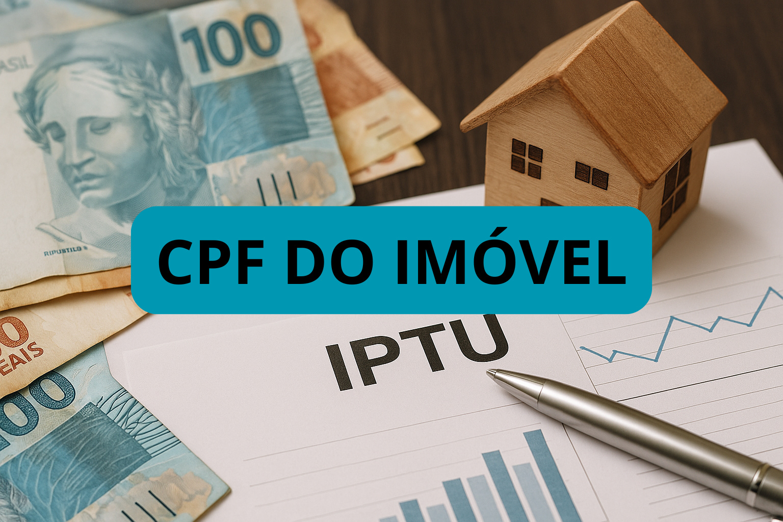 Imagem ilustrativa mostrando notas de reais, miniatura de casa e documentos de IPTU, destacando o termo “CPF do Imóvel”, conceito central do Cadastro Imobiliário Brasileiro.