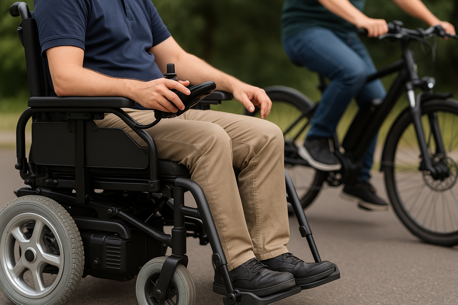 pessoa conduzindo cadeira de rodas elétrica ao lado de ciclista em bicicleta elétrica em via urbana