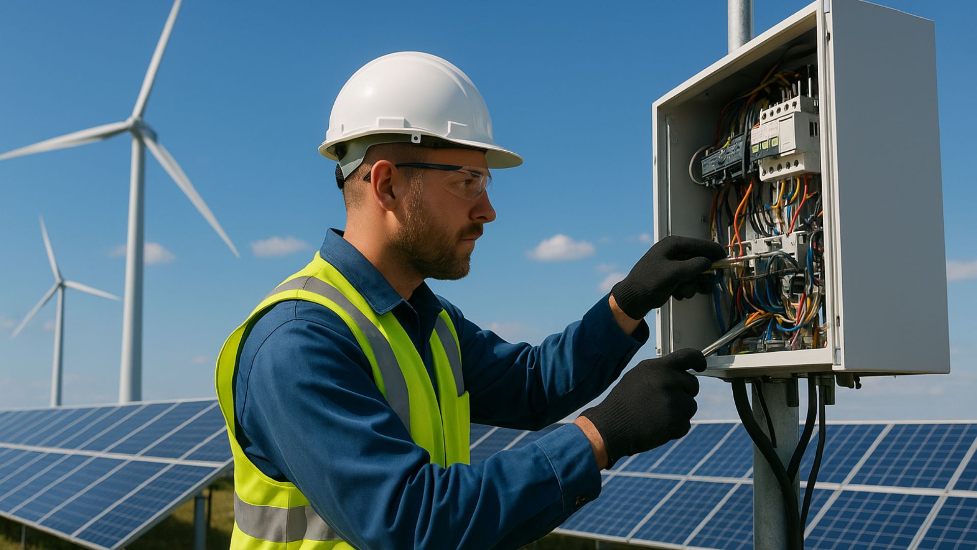 Engenheiro ajustando painel elétrico em área de energia renovável com aerogeradores e painéis solares ao fundo.