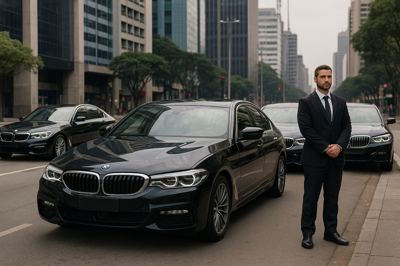 Frota de sedãs BMW pretos alinhados em avenida urbana com motorista executivo, representando o serviço de mobilidade de luxo da Vippers no Brasil.