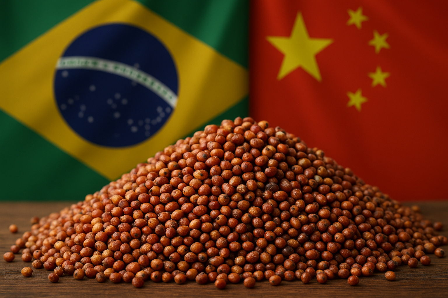 Montanha de grãos de sorgo brasileiro com bandeiras do Brasil e da China ao fundo, representando a habilitação chinesa para novas exportações.