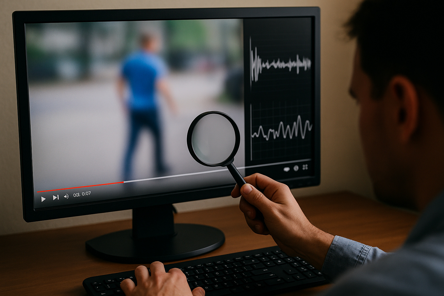 Analista examinando vídeo borrado em monitor para identificar sinais de deepfake e falhas geradas por IA