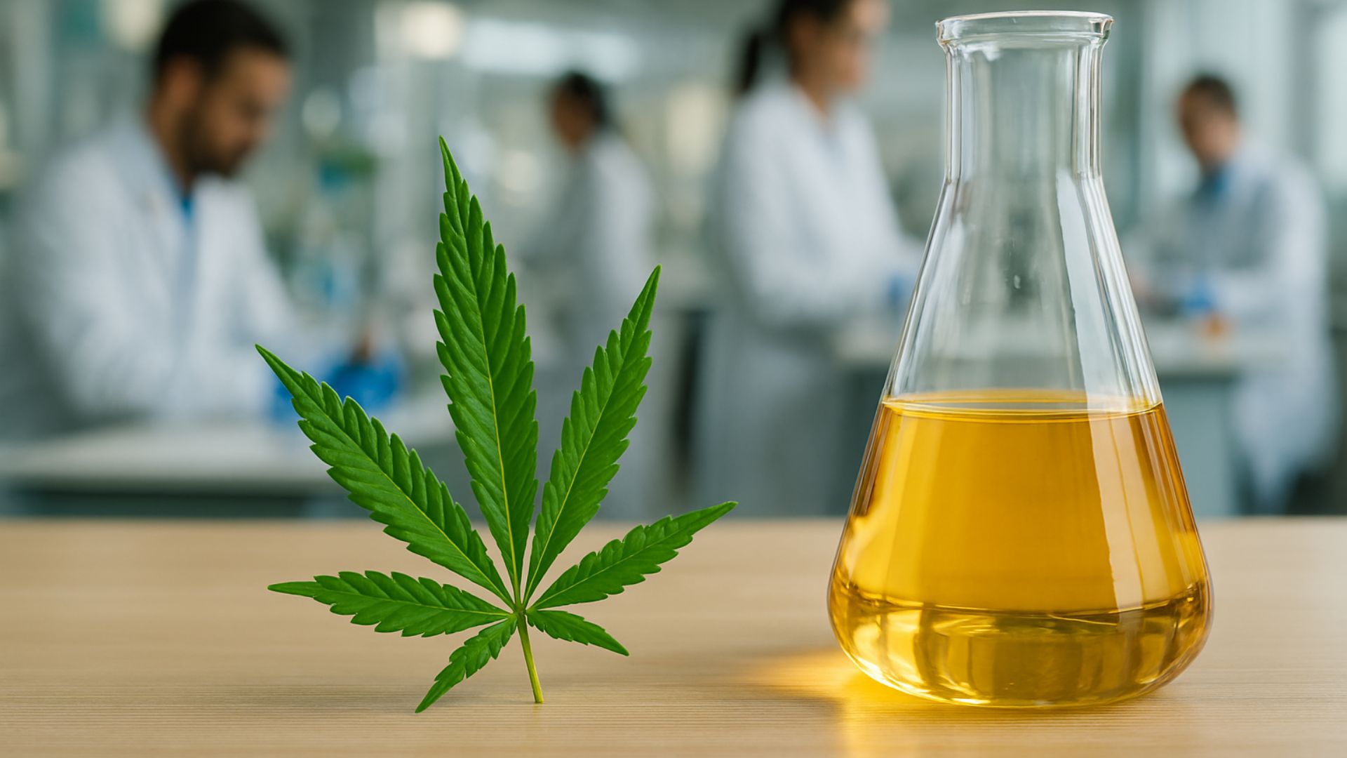Folha de cannabis ao lado de frasco com biocombustível em mesa de laboratório, com cientistas desfocados ao fundo