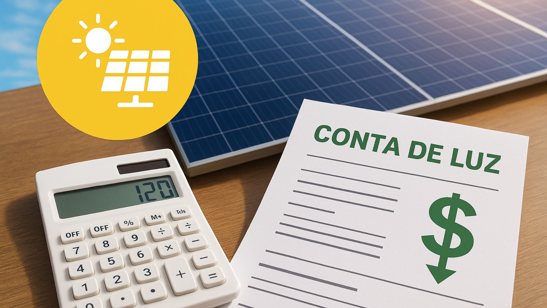 Painel solar ao fundo com conta de luz e calculadora sobre a mesa, representando economia na fatura por meio de energia solar por assinatura